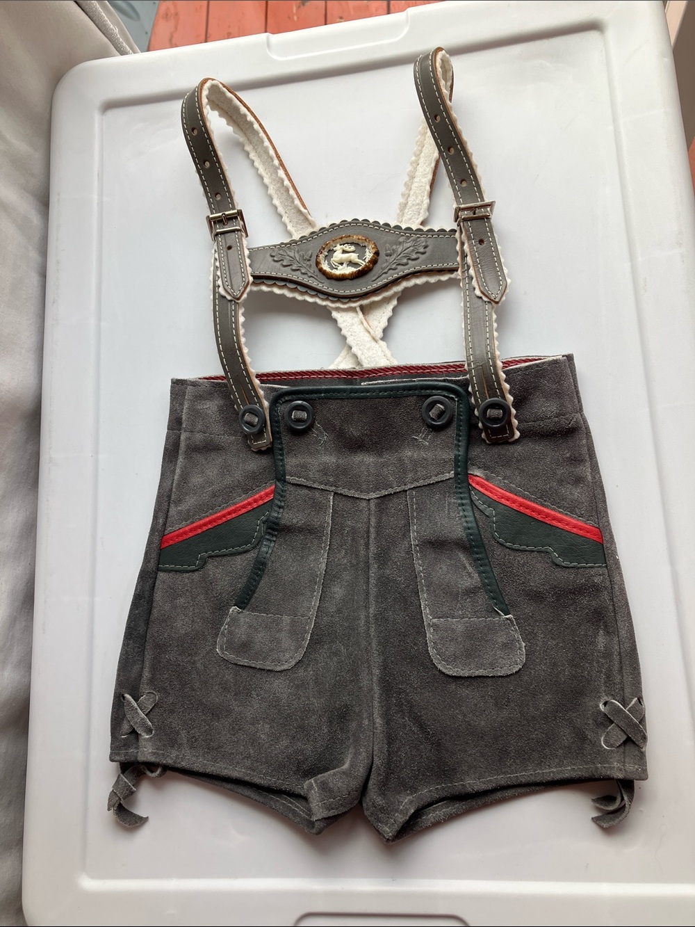 Baby Boy Dark Gray Suede Lederhosen overalls Shorts Red Trim German Oktoberfest